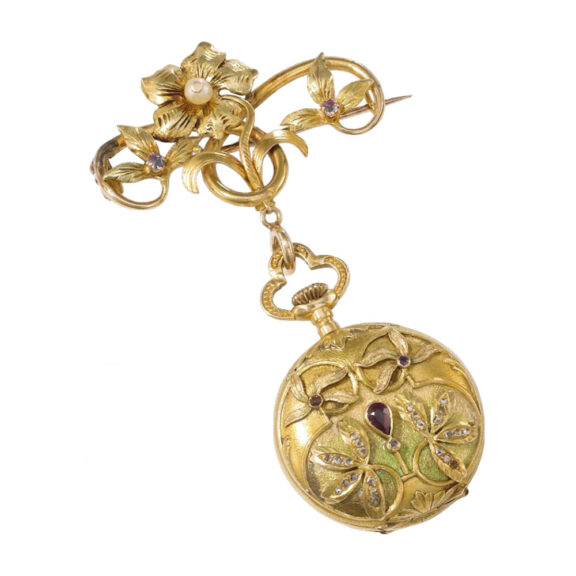 18 carat Gold Art Nouveau full hunter with brooch Circa 1910
