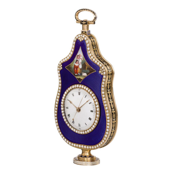 Gold, enamel, pearl set centre seconds form watch Circa 1810 Gold, enamel, pearl set centre seconds form watch Circa 1810