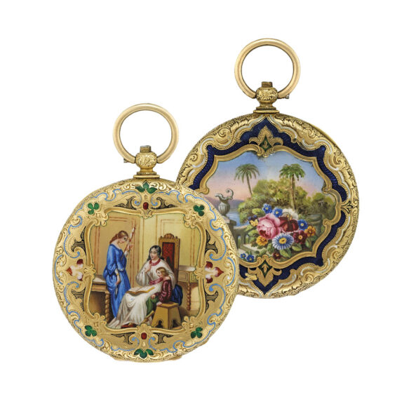 Swiss gold and enamel hunting cased cylinder Circa 1840