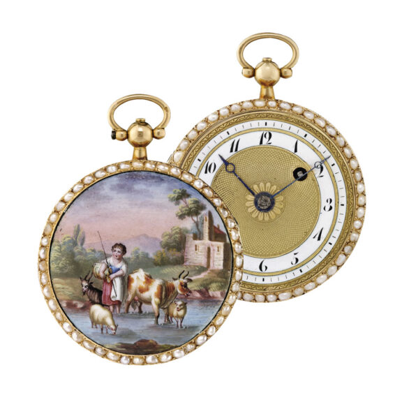 Swiss gold, enamel, pearl set verge pendant watch Circa 1810