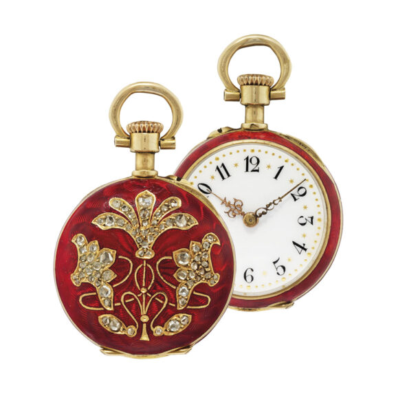 Swiss gold, enamel, diamond set open faced watch Circa 1910