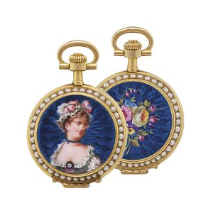 Swiss gold, enamel and pearl set full hunter watch Circa 1910