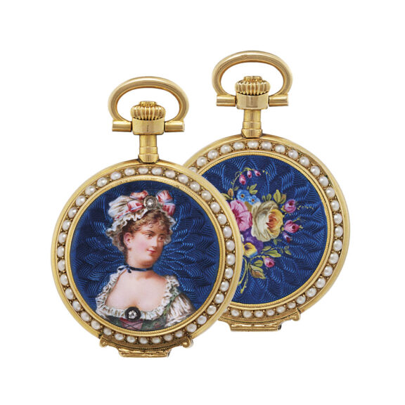 Swiss gold, enamel and pearl set full hunter watch Circa 1910