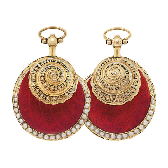 Swiss gold, enamel and pearl set shell form watch Circa 1810