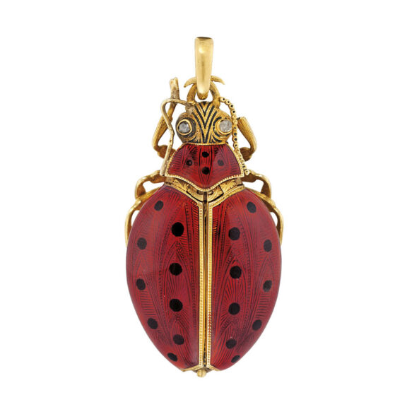 Swiss gold and enamel scarab form cylinder watch Circa 1890 Swiss gold and enamel scarab form cylinder watch Circa 1890