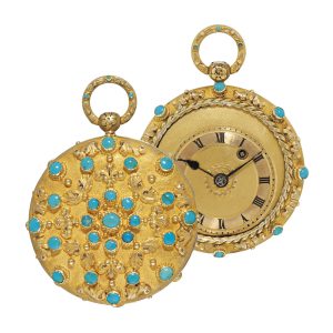 Swiss gold, turquoise set open faced pocket watch Circa 1800