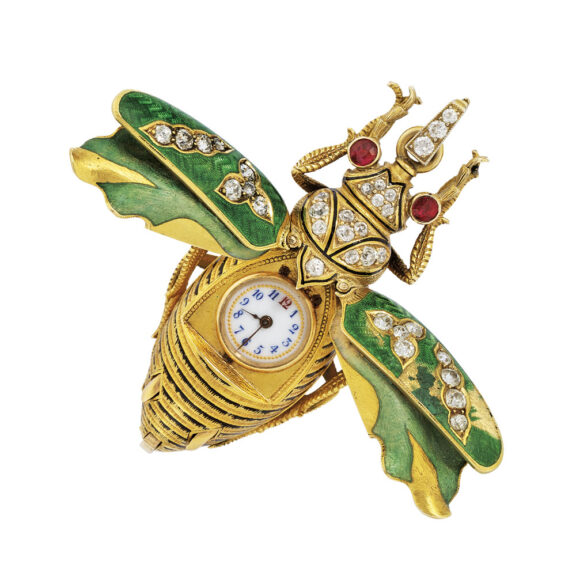 Swiss gold, enamel, diamond set beetle form watch Circa 1900 Swiss gold, enamel, diamond set beetle form watch Circa 1900