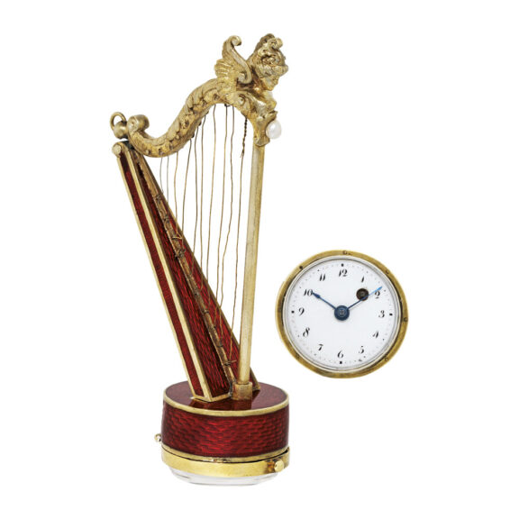Swiss gilt brass and enamel harp form verge watch Circa 1900