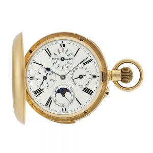 Large Swiss gold hunting cased complicated watch Circa 1880