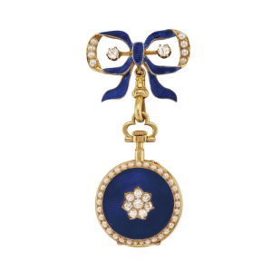 Gold, enamel, pearl/diamond set lever with brooch Circa 1900