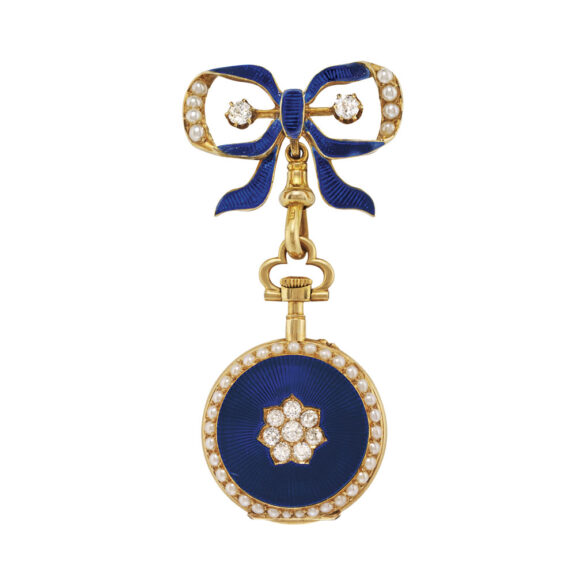 Gold, enamel, pearl/diamond set lever with brooch Circa 1900