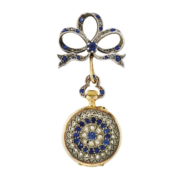 Gold, sapphire, diamond set cylinder with brooch Circa 1880