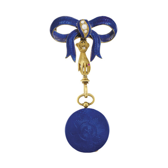 Swiss gold, enamel open faced cylinder with brooch Circa 1870