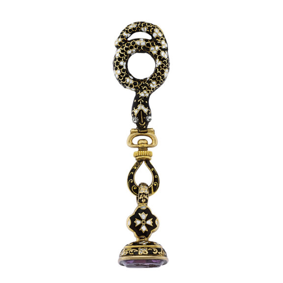 French cylinder pendant watch with brooch and seal Circa 1830 French cylinder pendant watch with brooch and seal Circa 1830