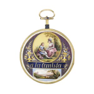 Swiss gold, enamel, paste set open faced calendar watch Circa 1770