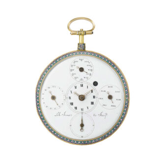 Swiss gold, enamel, paste set open faced calendar watch Circa 1770 Swiss gold, enamel, paste set open faced calendar watch Circa 1770