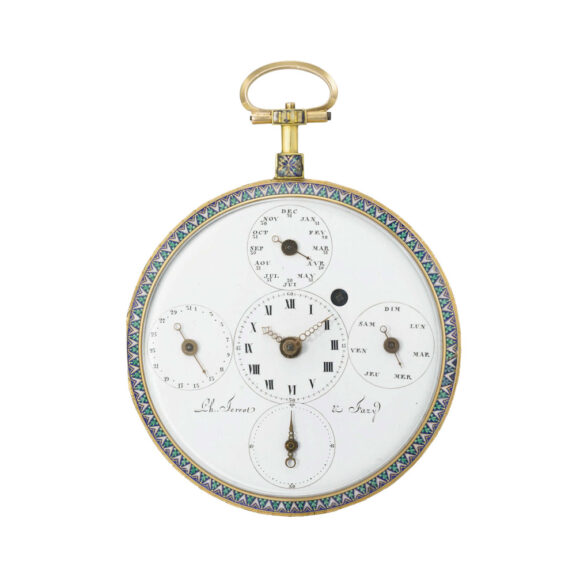 Swiss gold, enamel, paste set open faced calendar watch Circa 1770 Swiss gold, enamel, paste set open faced calendar watch Circa 1770