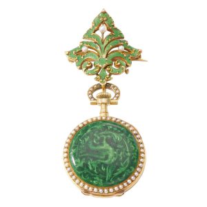 Swiss gold, enamel and pearl set lever with brooch Circa 1896