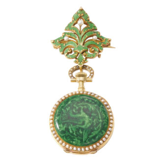 Swiss gold, enamel and pearl set lever with brooch Circa 1896