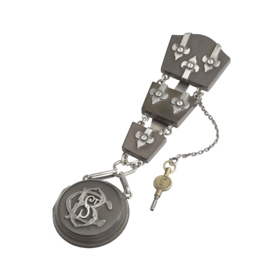 Swiss brass, silver, wooden watch with chatelaine Circa 1850 Swiss brass, silver, wooden watch with chatelaine Circa 1850