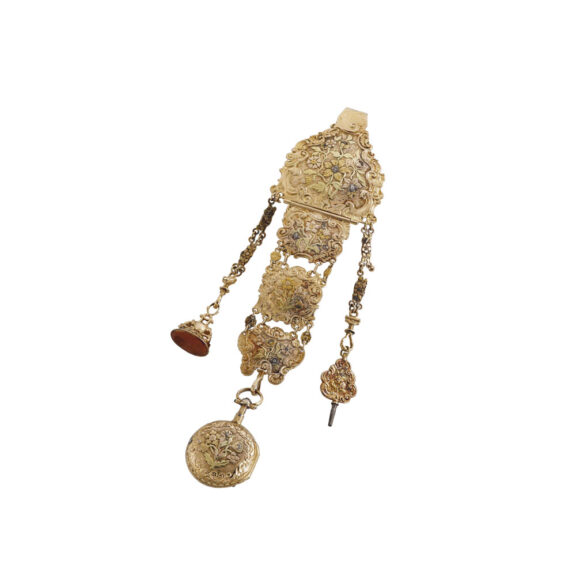 Swiss gold quarter repeating verge with chatelaine Circa 1750 Swiss gold quarter repeating verge with chatelaine Circa 1750