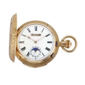 Swiss 18k gold hunting cased complicated watch Circa 1900