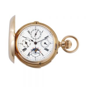 Swiss rose gold hunting cased complicated lever Circa 1895