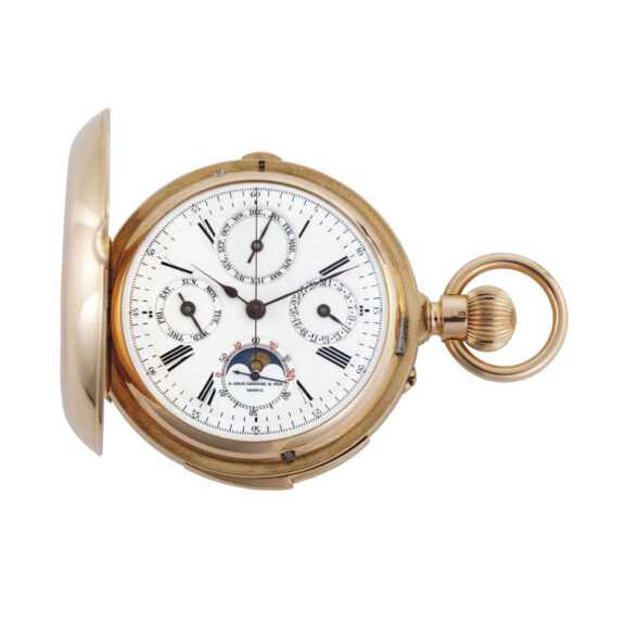 Swiss rose gold hunting cased complicated lever Circa 1895 Swiss rose gold hunting cased complicated lever Circa 1895