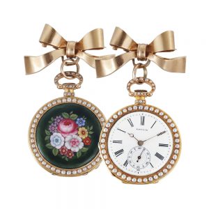 Swiss gold, enamel and split pearl pendant watch Circa 1850