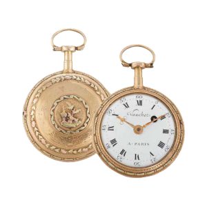 French three colour gold, enamel open faced verge Circa 1780
