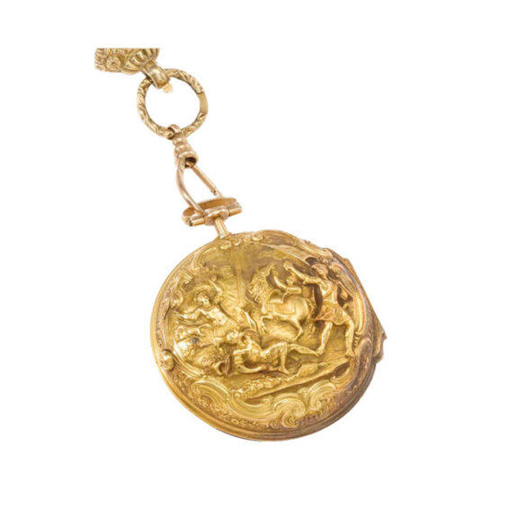 Gold repoussé verge with date and chain Circa 1700 and 1766