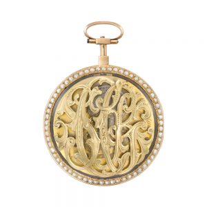 French rose gold, pearl set verge with display back Circa 1790