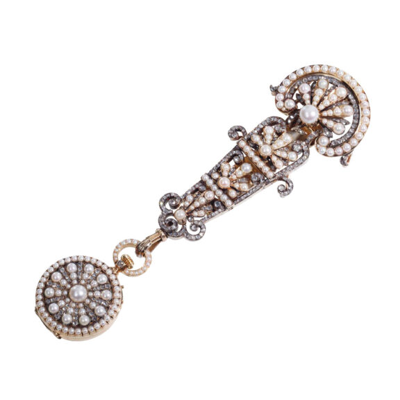 French gold, diamond and pearl set pendant watch Circa 1875 French gold, diamond and pearl set pendant watch Circa 1875