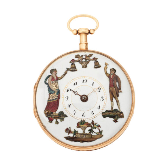 Swiss rose gold open faced Jacquemart watch Circa 1860 Swiss rose gold open faced Jacquemart watch Circa 1860