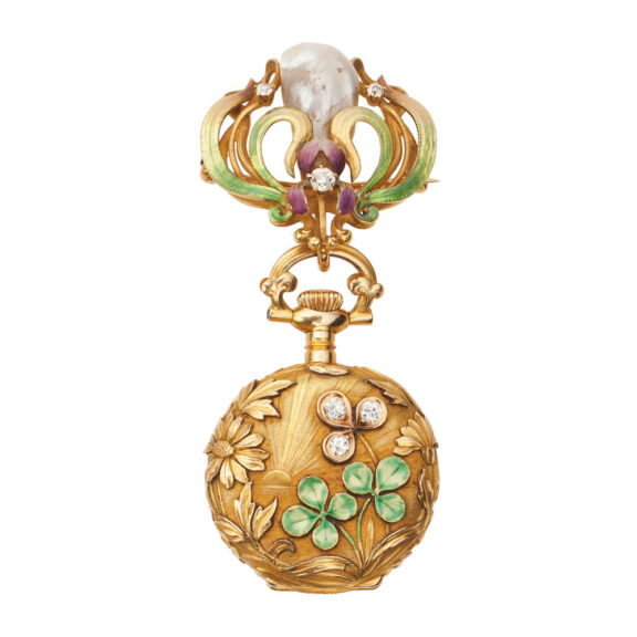 Decorative gold Art Nouveau watch with brooch Circa 1903