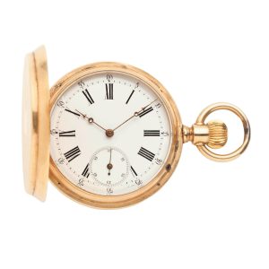 Swiss gold hunting cased double dialed calendar Circa 1900