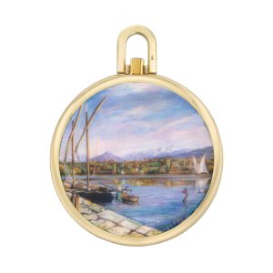 Unique Swiss 18k gold lever with enamel miniature Circa 1981