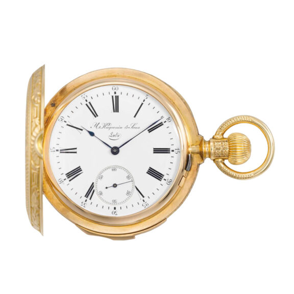 Swiss gold hunting cased quarter repeating lever Circa 1890