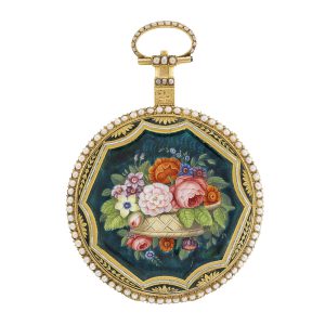Recased gold, enamel and pearl set musical watch Circa 1820