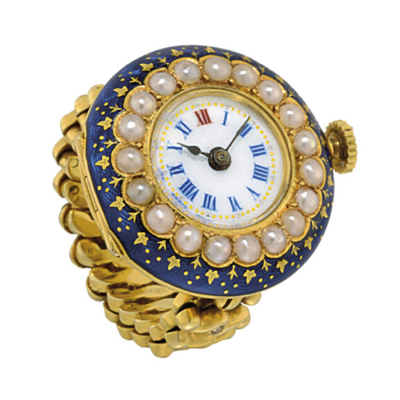Swiss 18k gold, enamel and pearl set ring watch Circa 1910