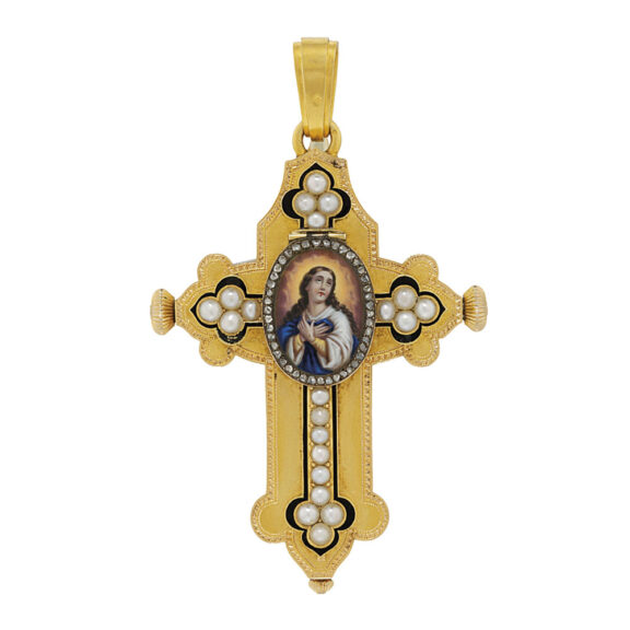 Swiss gold crucifix form cylinder pendant watch Circa 1890