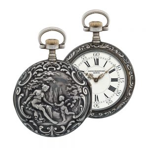 Rare Swiss silver open faced repoussé lever watch Circa 1888