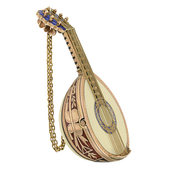 Swiss rose gold and enamel mandolin form watch Circa 1830