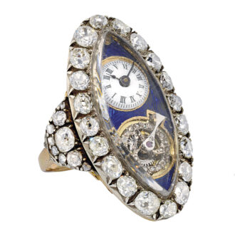 Swiss navette shaped ring watch with erotic scene Circa 1800