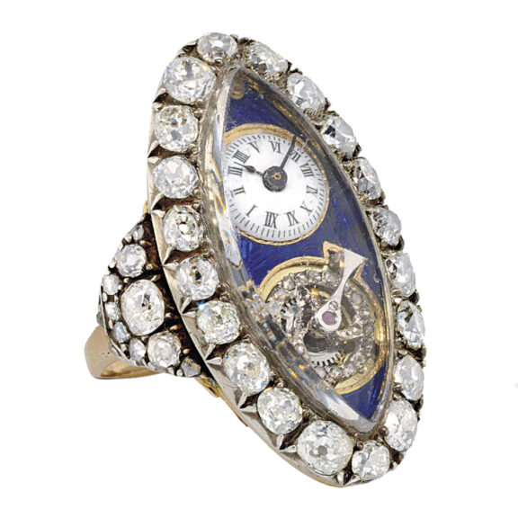 Swiss navette shaped ring watch with erotic scene Circa 1800
