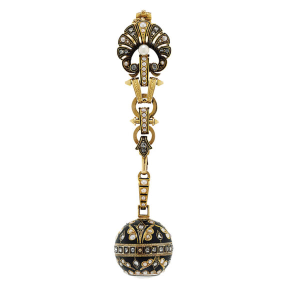 Swiss gold ball form watch with matching brooch Circa 1880