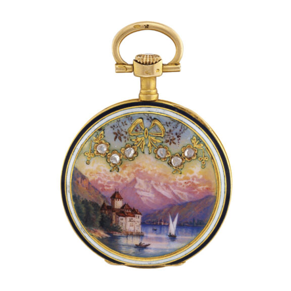Swiss gold, enamel and diamond set pendant watch Circa 1910