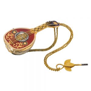 Gold, enamel, paste, pearl set mandolin form watch Circa 1820