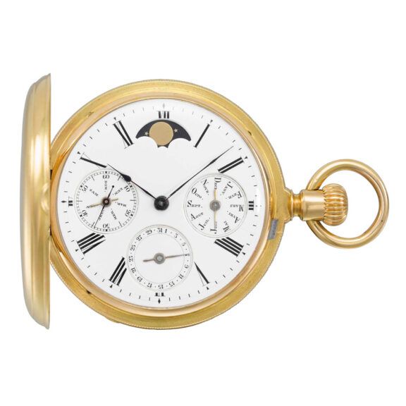 Rare, early gold hunting cased complicated watch Circa 1868
