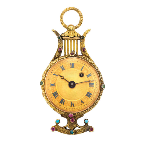 Swiss vari coloured gold and gem set lyre shaped watch Circa 1820